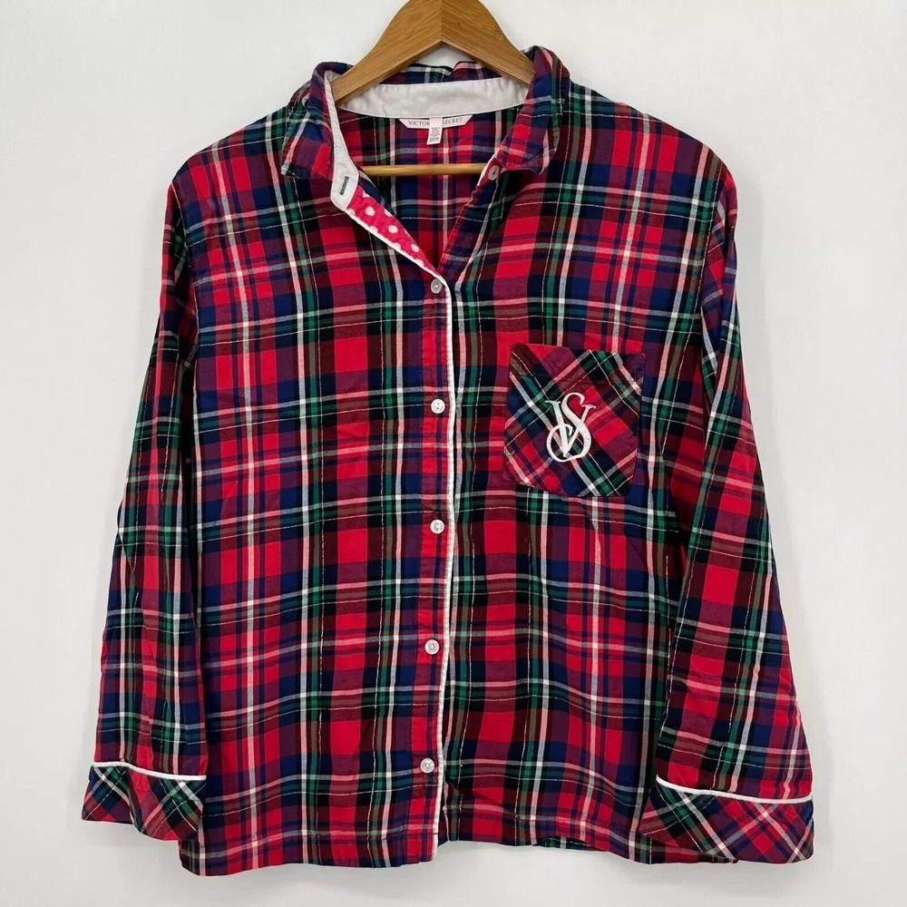 Victoria's Secret Pajama Shirt Women's M Red Plaid Print Button Shirt Pocket